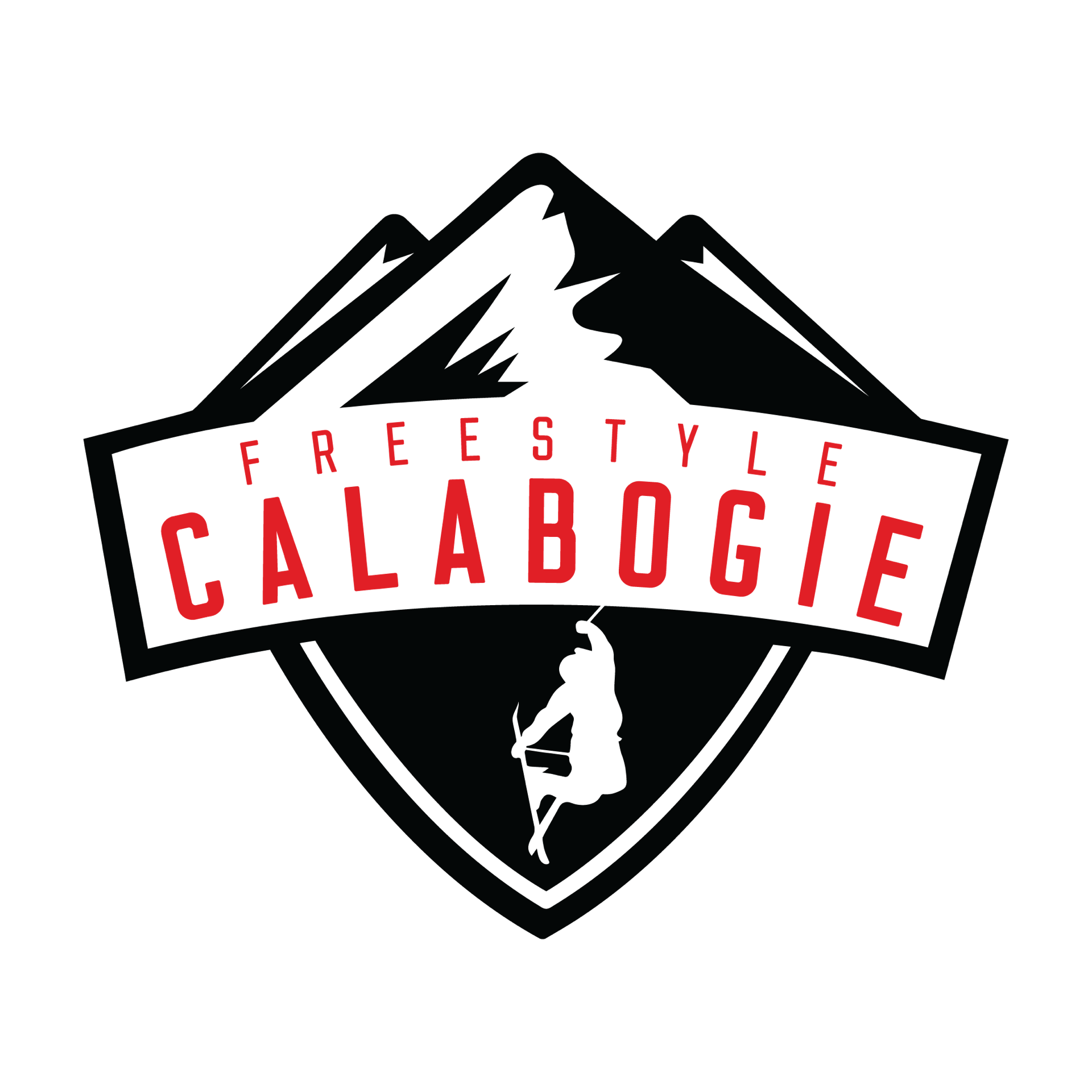Freestyle Calabogie Logo with black and white mountain outlines, red text, and a white freestyler skiier doing a trick.