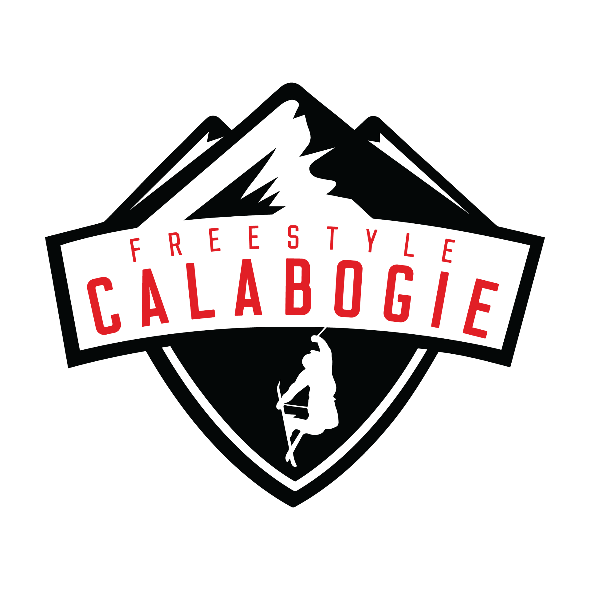 Freestyle Calabogie Freestyle Calabogie Logo with black and white mountain outlines, red text, and a white freestyler skiier doing a trick.
