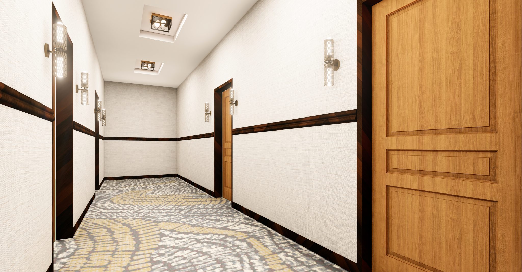 Crisp, modern hotel hallway with dark wood and light, warm tone walls and carpeted floors.