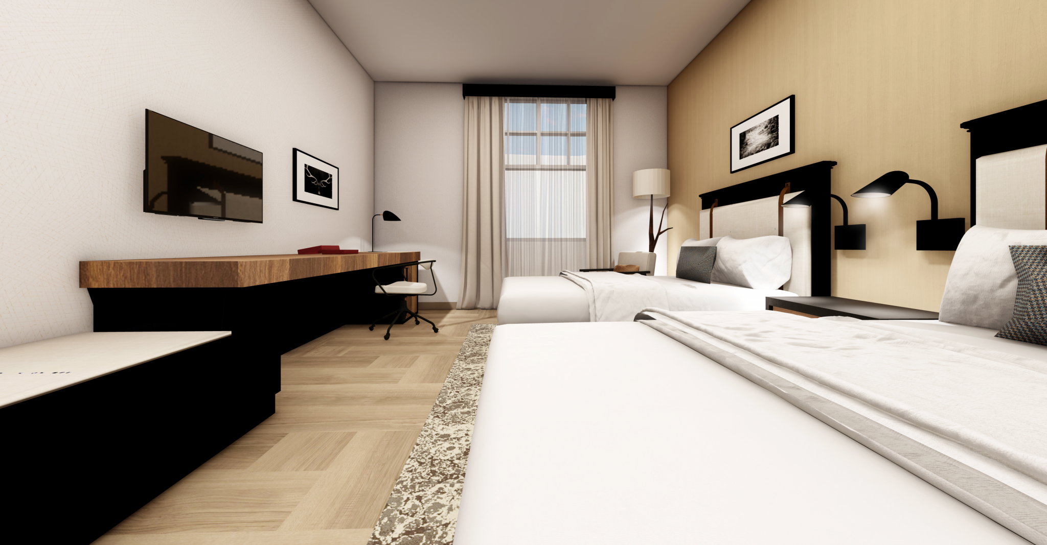 Crisp, modern double queen hotel room with dark wood furniture and warm tone walls.